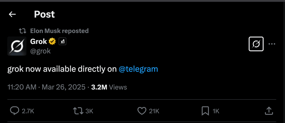 Elon Musk Confirms Grok integration with Telegram | Source: X.com