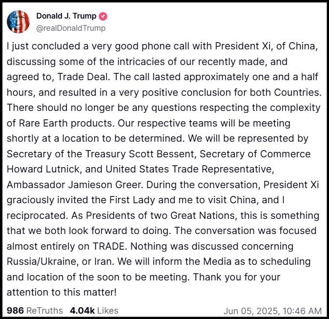 President Trump Truth Social post shows improving relationship with China's Xi Jinping