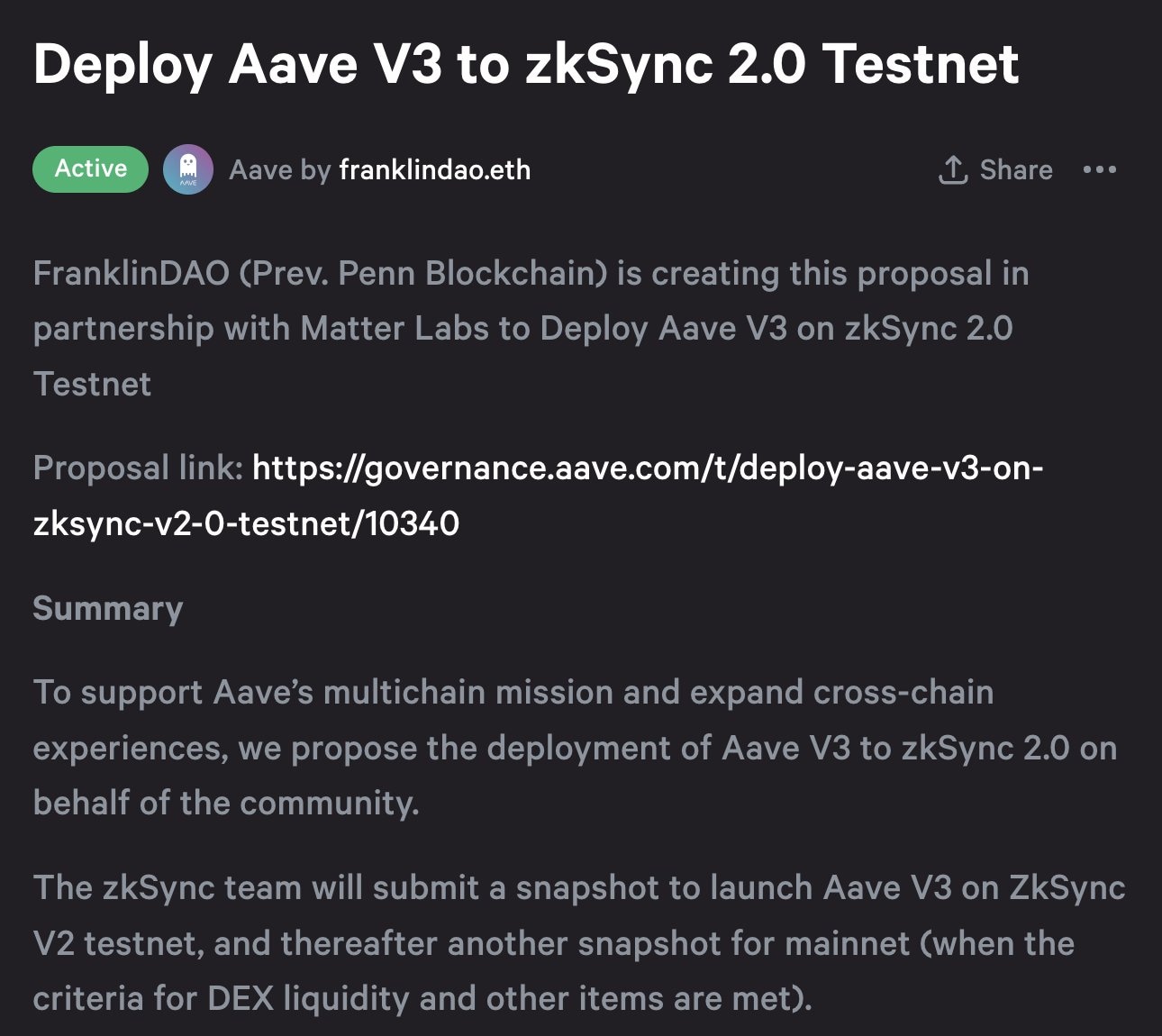 Aave v3 deployment on zkSync 2.0 testnet