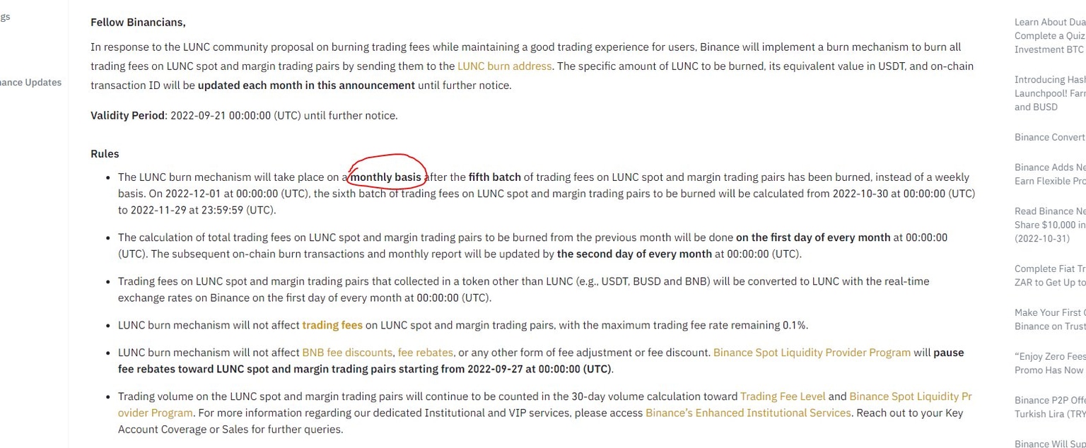 Binance update on LUNC burn mechanism