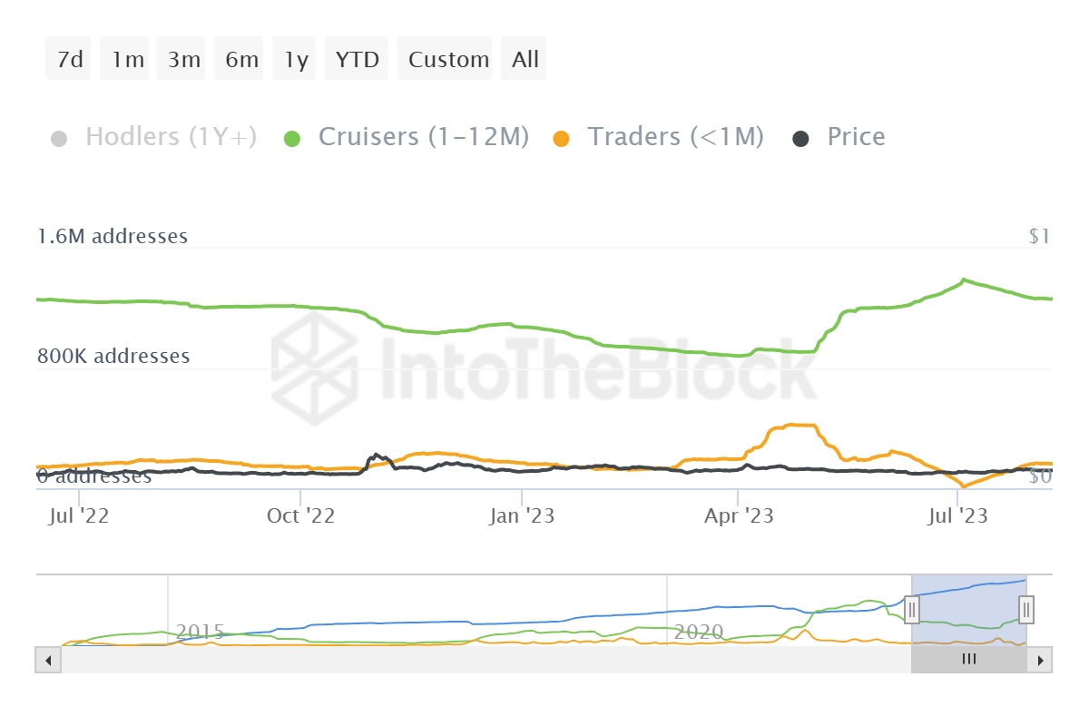 Dogecoin holders' distribution by time