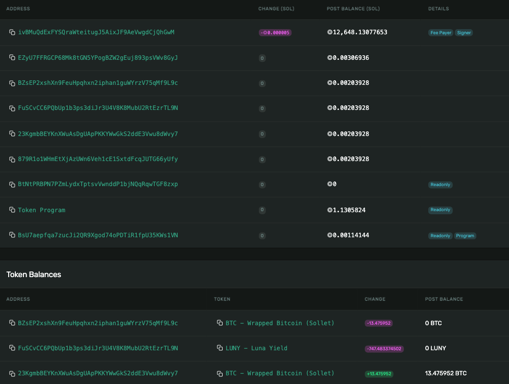 A screenshot from an address that allegedly authorized the rug pull transactions