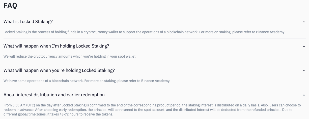 FAQ section of Binance's locked staking program